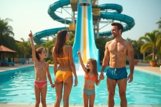 Famille souriante devant les toboggans du parc aquatique du Touquet en été