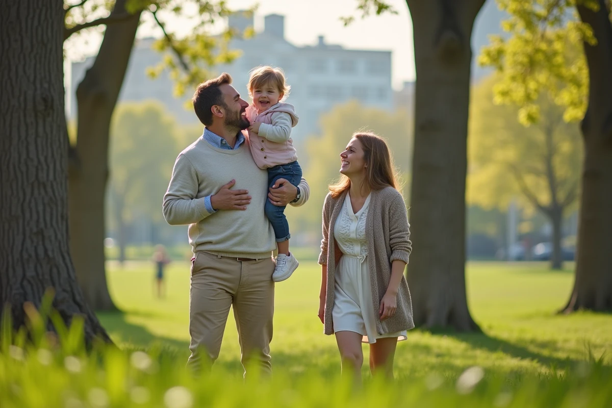 Pere et enfant riant dans un parc au printemps