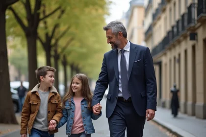 Homme d'&acirc;ge moyen avec enfants dans une rue parisienne