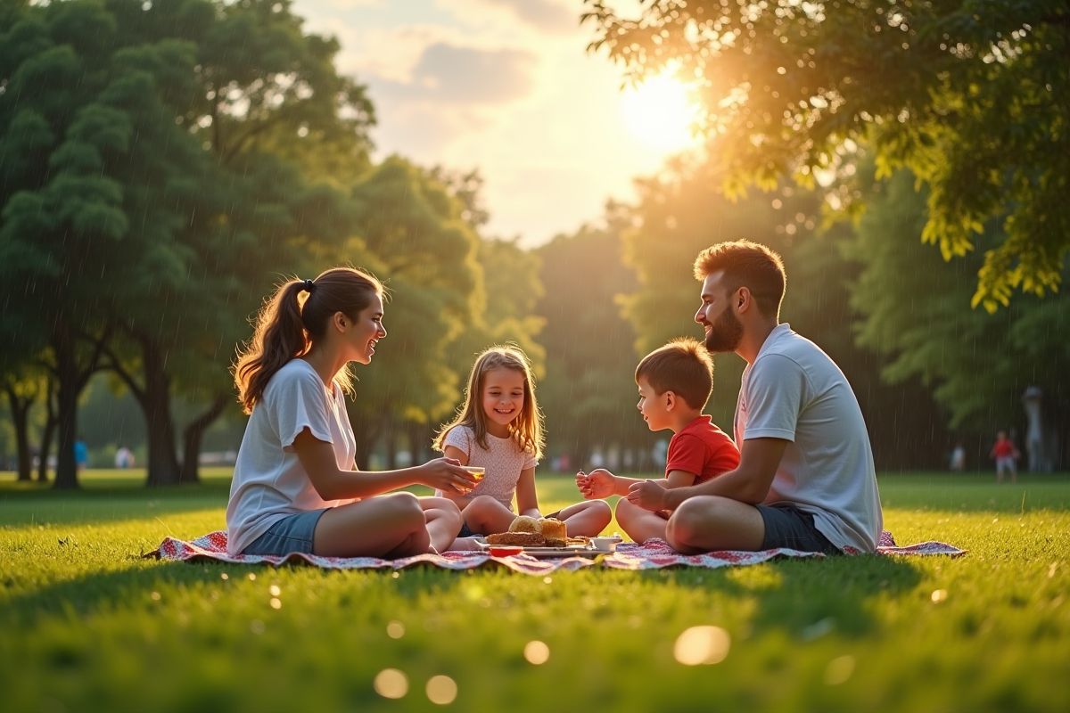 Famille profitant d un pique nique dans un parc après la pluie