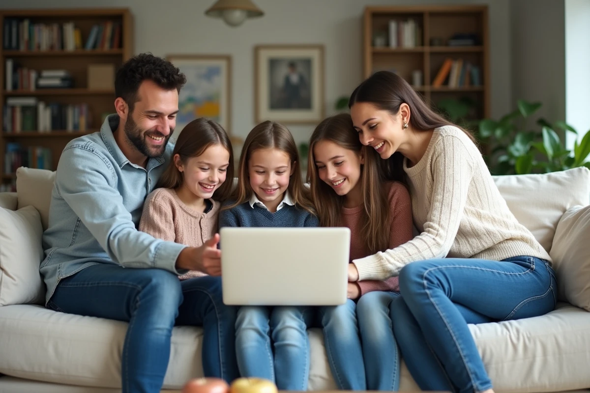 Famille française planifiant ensemble leurs vacances scolaires 2026 autour d'un ordinateur portable