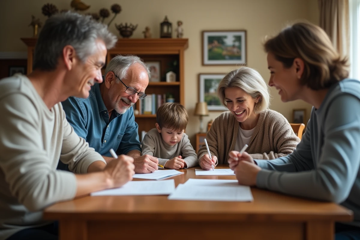 Famille recomposée réunie autour d'une table pour examiner un testament olographe manuscrit