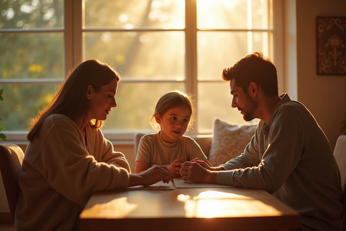 Famille discutant dans un salon en après-midi en lumière naturelle