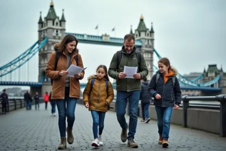 Famille en vacances scolaires visitant le Tower Bridge à Londres en automne