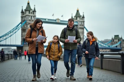 Famille en vacances scolaires visitant le Tower Bridge à Londres en automne