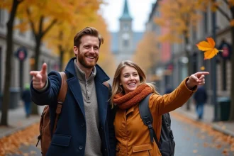 Famille en vacances scolaires explorant le Vieux-Montréal en automne avec des feuilles dorées