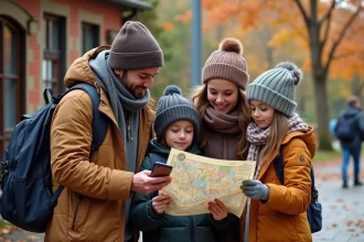 Famille de quatre en voyage automnal à la gare