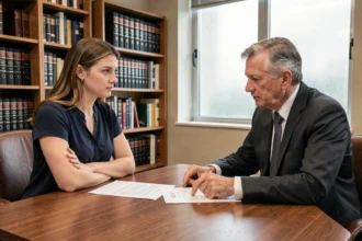 Une femme hésitante face à un avocat dans un cabinet juridique, discutant des implications légales d'un test de paternité