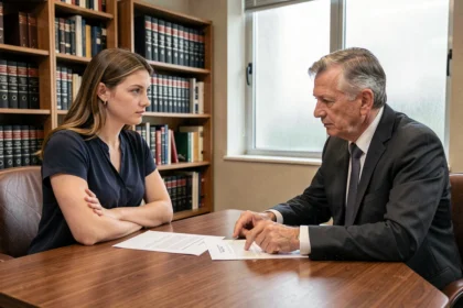 Une femme hésitante face à un avocat dans un cabinet juridique, discutant des implications légales d'un test de paternité