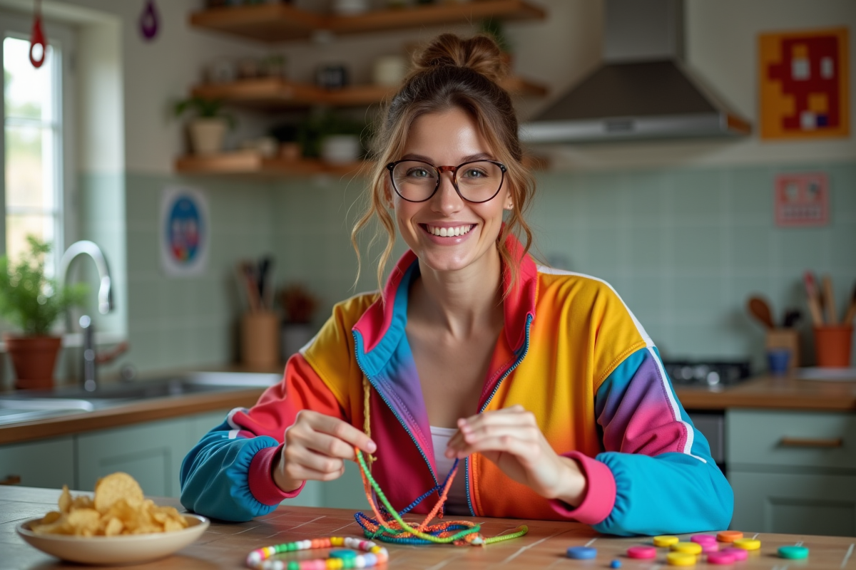 Femme souriante créant des bracelets arc-en-ciel à la cuisine