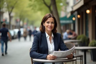 Femme élégante lisant un journal en extérieur en ville