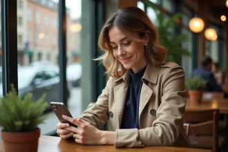 Femme assise dans un café avec sourire naturel