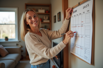 Femme souriante marquant octobre 6 sur calendrier automne
