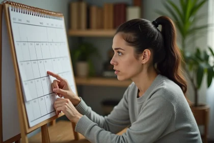 Femme consultant un calendrier papier pour identifier une semaine paire ou impaire en 2026