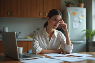 Femme réfléchissant dans une cuisine familiale chaleureuse