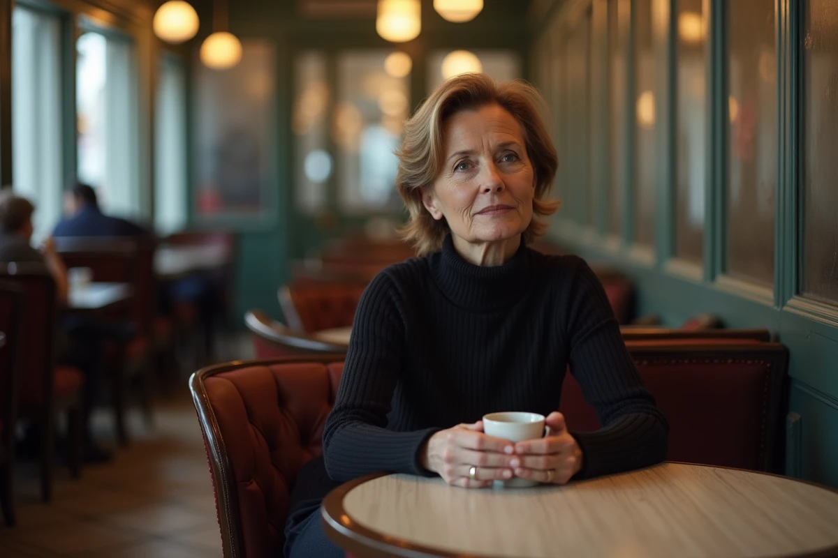 Femme élégante d'âge mûr assise seule dans une brasserie parisienne, regard pensif évoquant une réflexion personnelle sur son histoire de couple