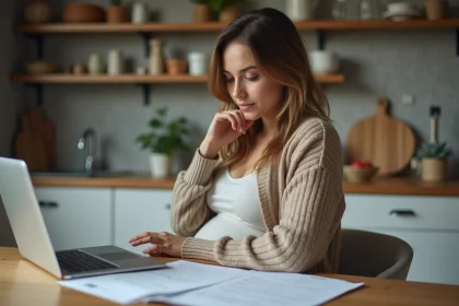 Jeune femme enceinte consulte des documents &agrave; la maison