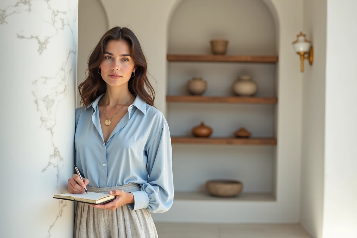 Jeune femme écrivant dans un espace intérieur grec