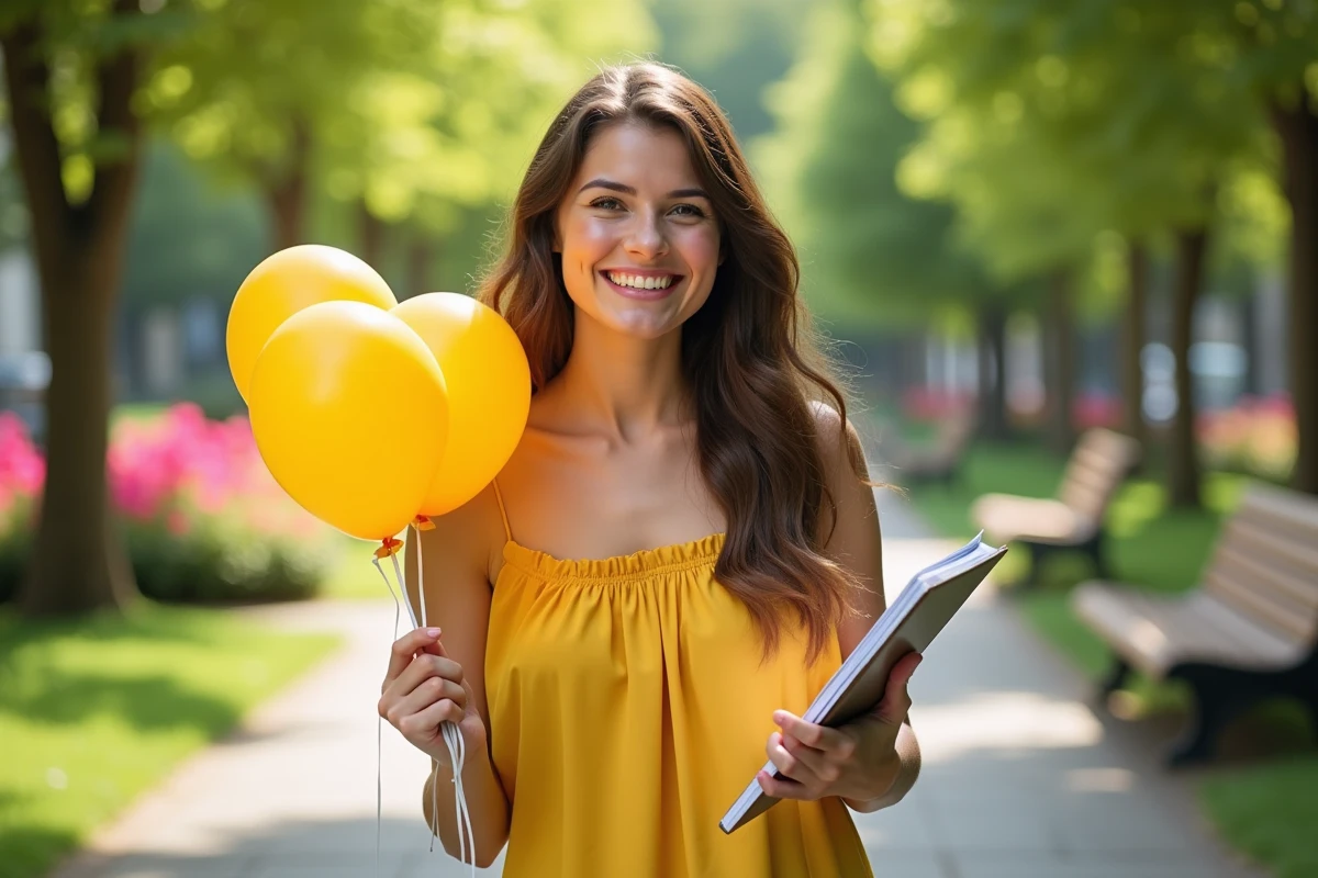 Femme confiante en robe jaune dans un parc ensoleillé