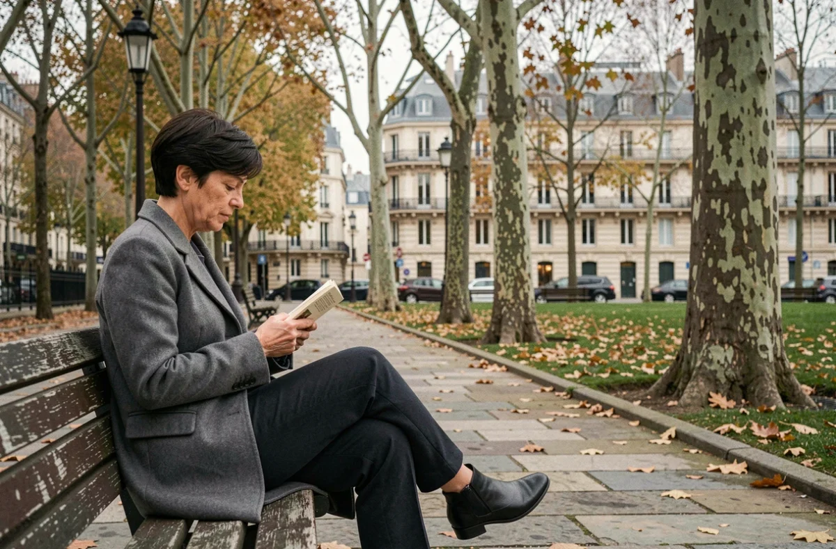 Femme lisant dans un parc parisien en automne, évoquant la discrétion et la vie personnelle d'une personnalité française