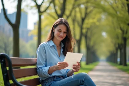Femme souriante tenant une lettre dans un parc au printemps