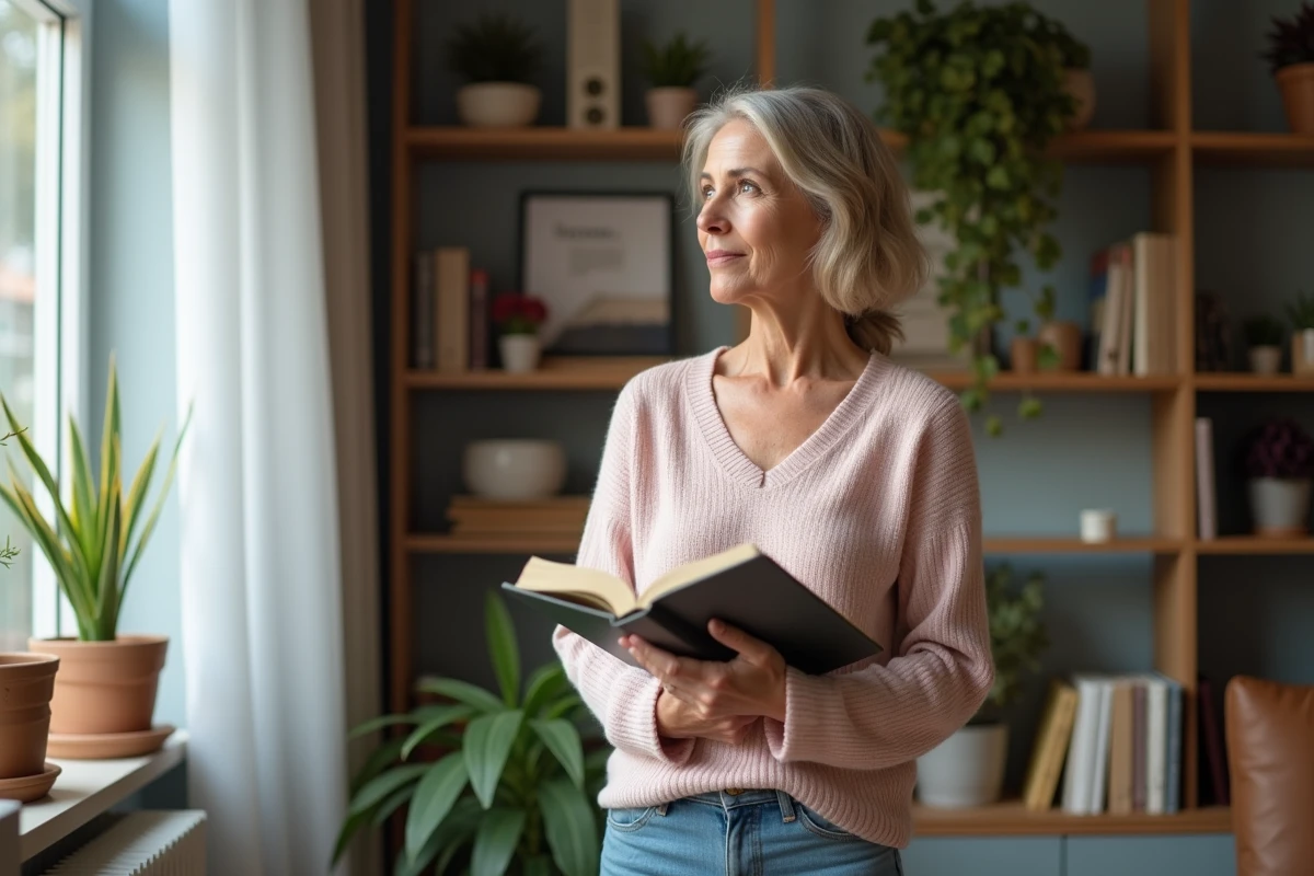 Femme d&eacute;tendue regardant par la fen&ecirc;tre avec un livre &agrave; la main