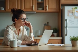 Femme concentrée sur son ordinateur dans une cuisine chaleureuse