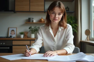 Femme organisée dans sa cuisine moderne avec documents