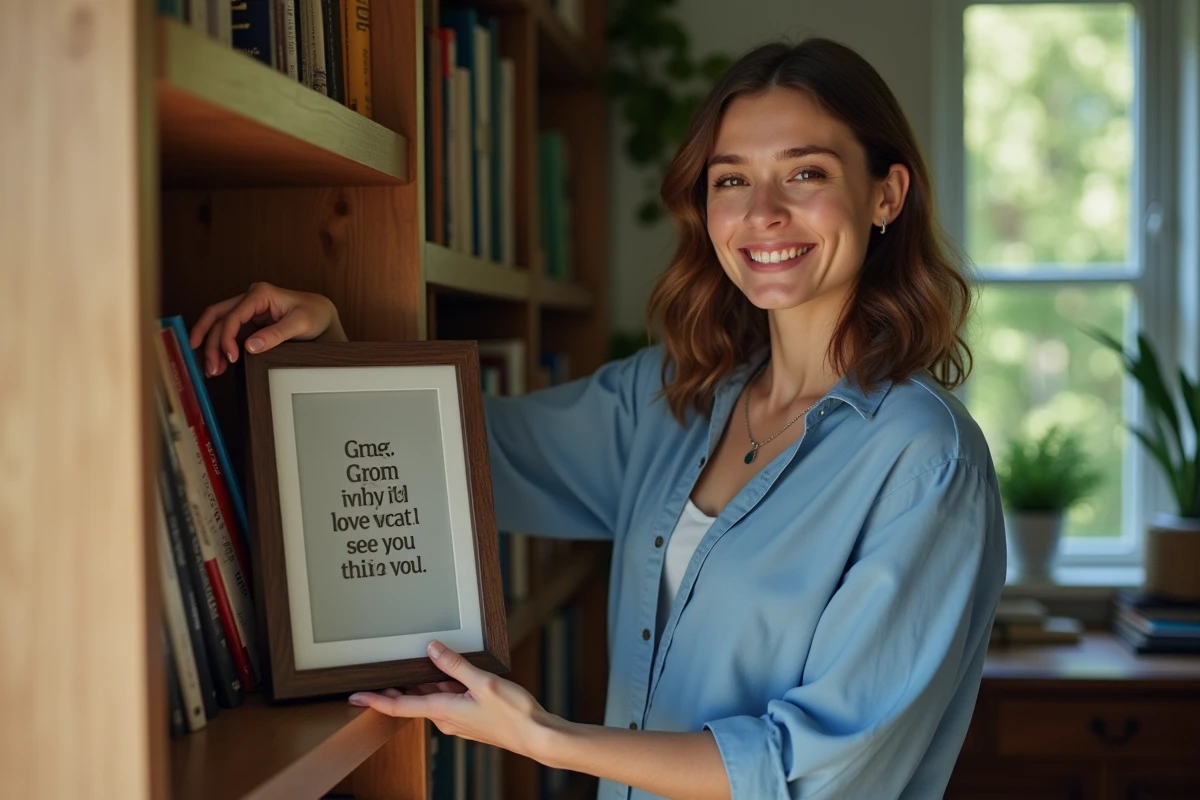 Femme souriante posant un cadre gravé sur une étagère
