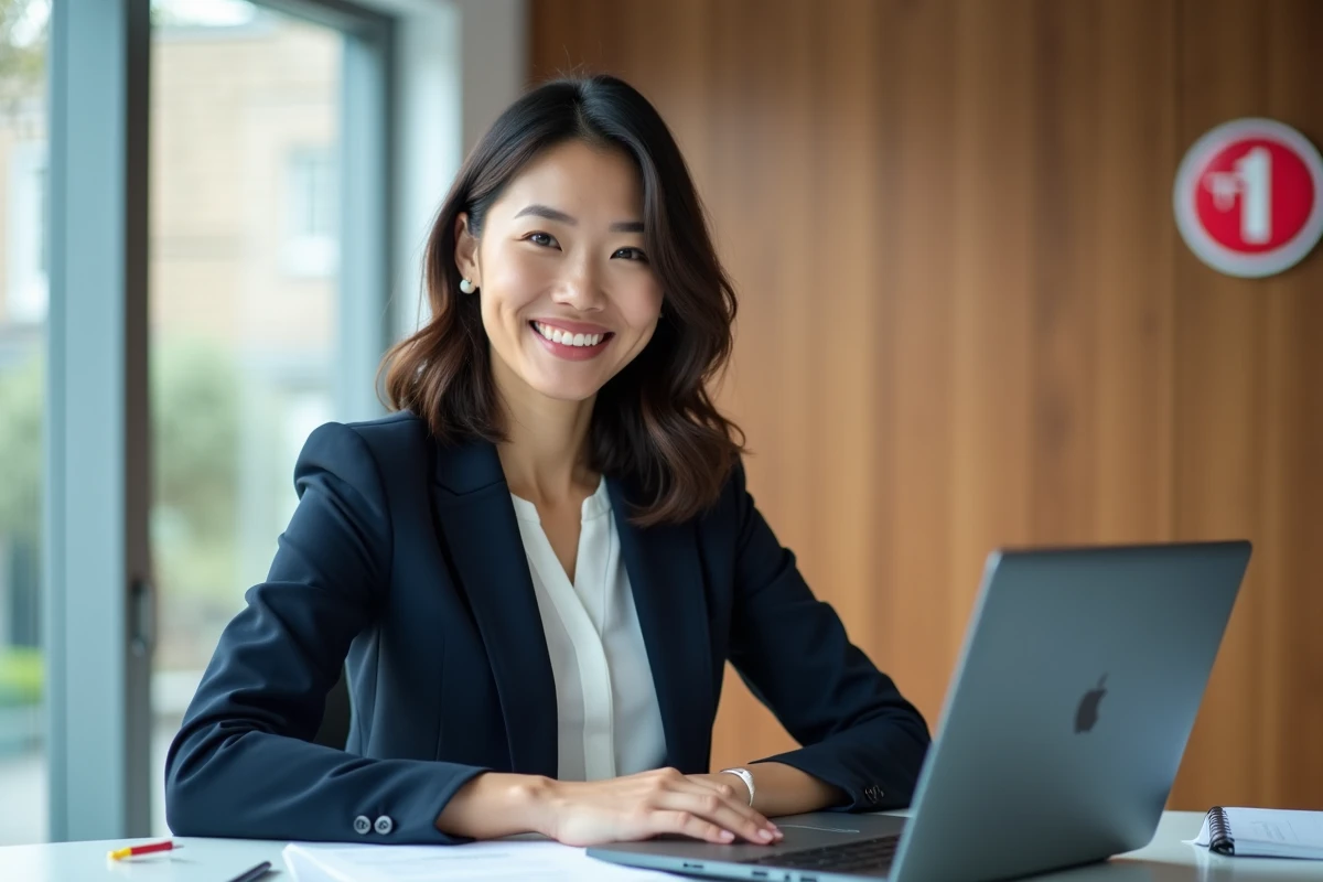 Femme franco-vietnamienne souriante dans un bureau moderne