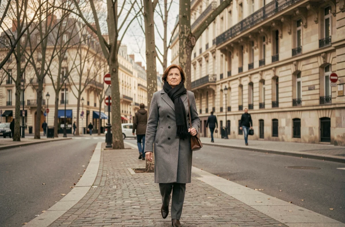 Femme professionnelle marchant sur un boulevard parisien, style documentaire éditorial sur le parcours d'une personnalité publique