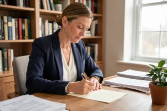 Femme rédigeant une lettre destinée au juge lors d'une séparation conflictuelle, assise à un bureau calme et organisé
