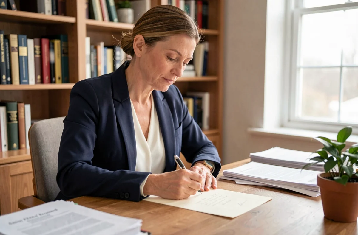 Femme rédigeant une lettre destinée au juge lors d'une séparation conflictuelle, assise à un bureau calme et organisé