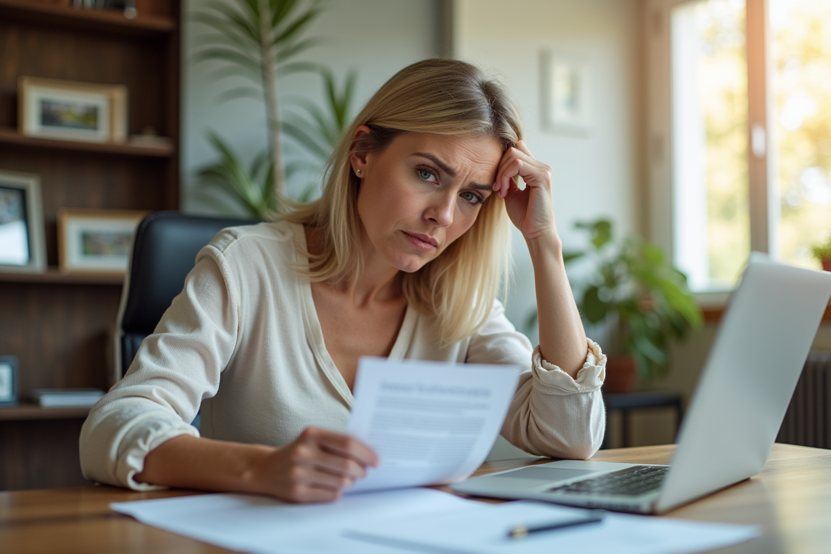 Femme adulte à la maison consulte ses documents de retraite