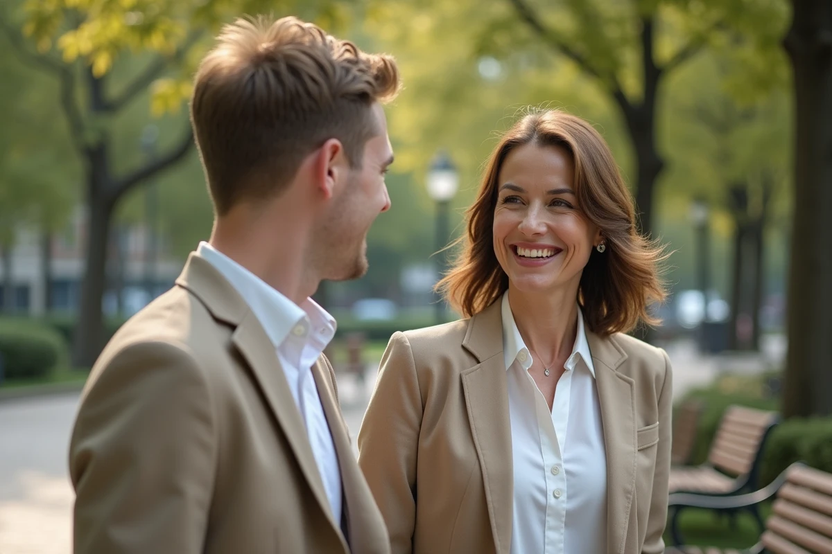 Femme &eacute;l&eacute;gante partage un moment avec un jeune homme dans un parc