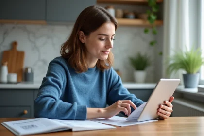 Femme assise &agrave; la maison consulte sa facture sur tablette