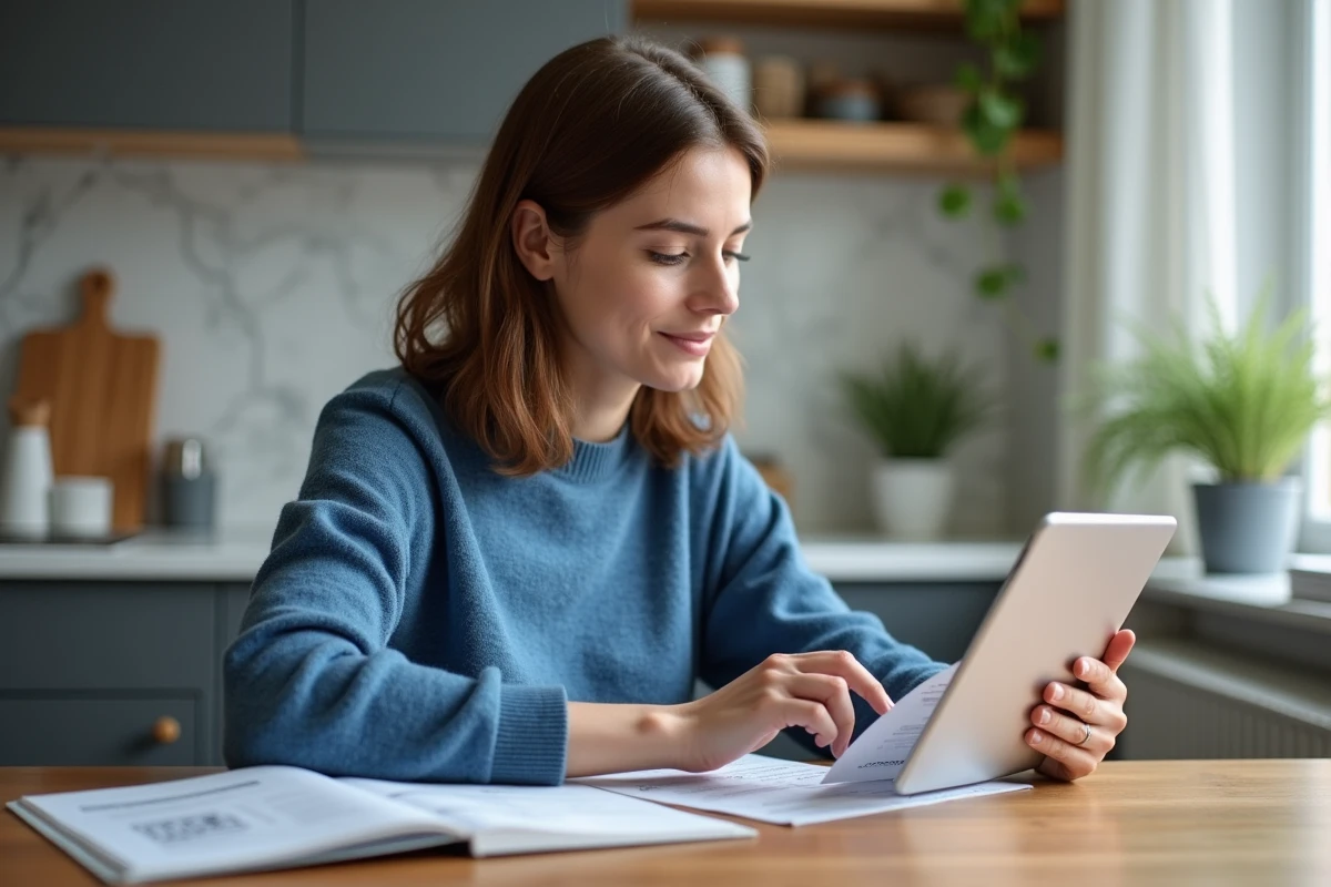 Femme assise à la maison consulte sa facture sur tablette
