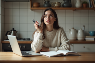 Jeune femme pensant à la maison avec ordinateur