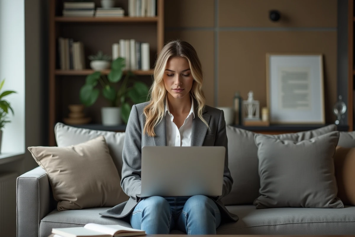 Jeune femme en visioconference dans son appartement