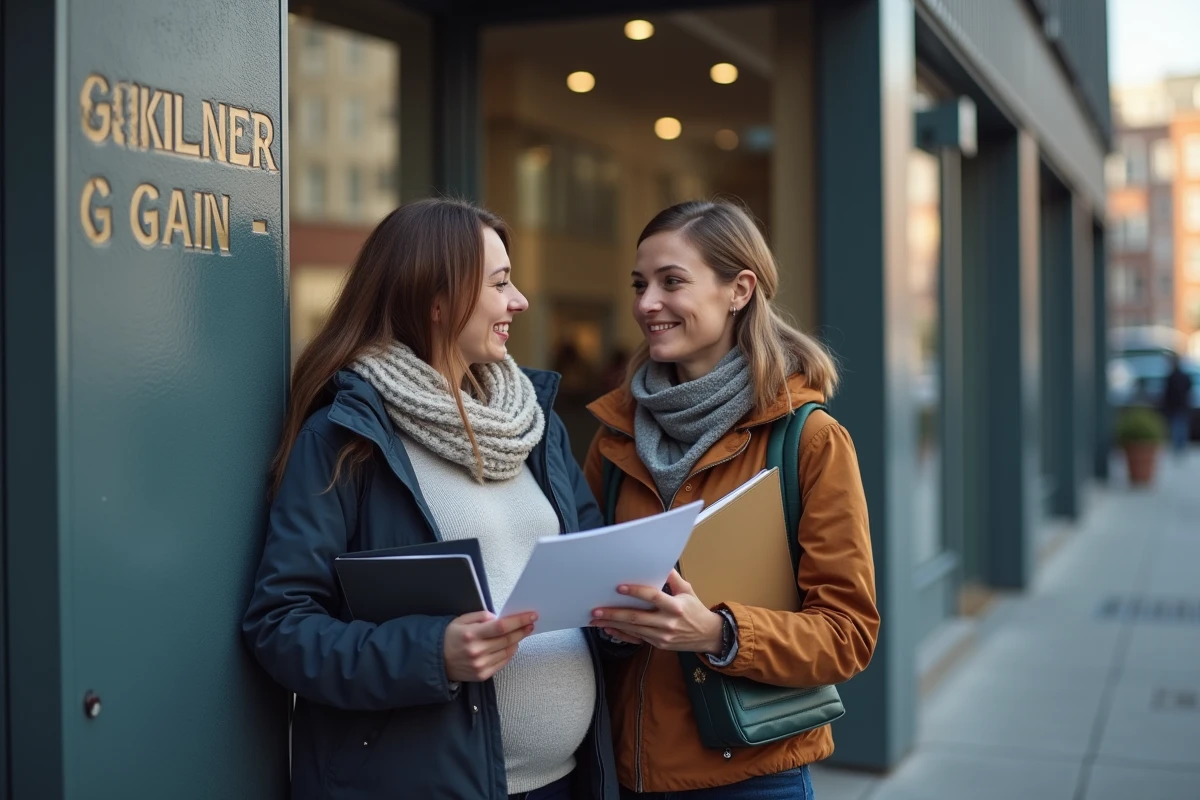 Deux femmes discutent devant une agence d
