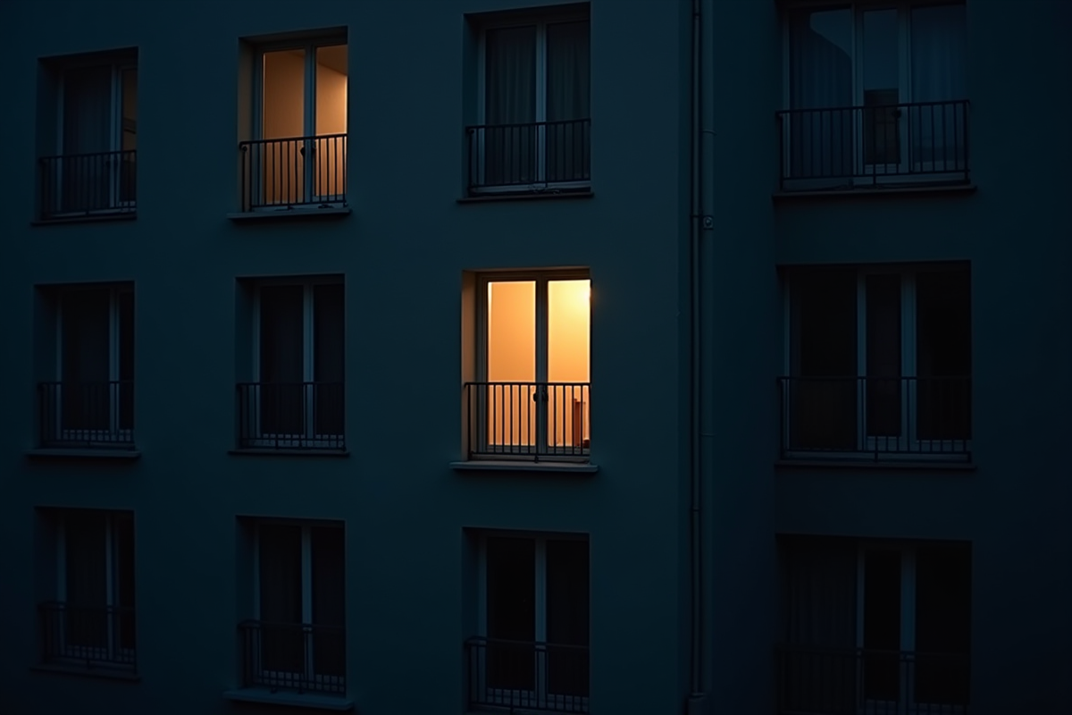 Fenetre illuminee dans un immeuble au coucher du soleil