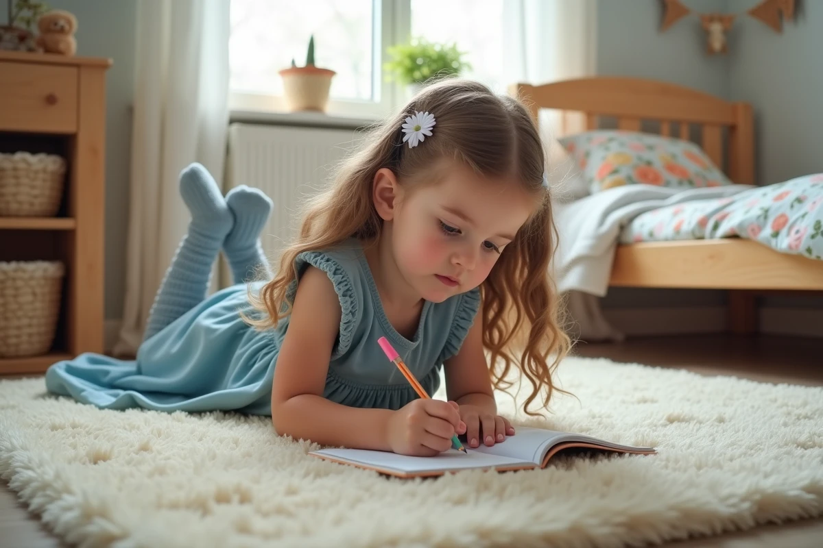 Fille de 5 ans dessinant dans son espace créatif
