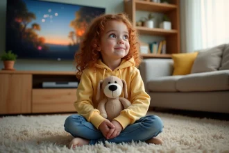 Petite fille regardant un film d'animation Disney sur grand écran dans un salon familial confortable