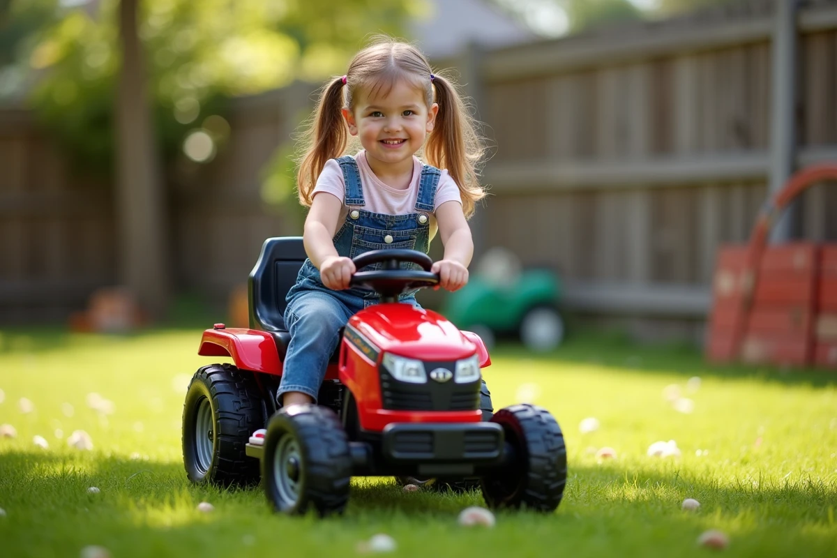 Fille souriante en salopette en denim et t-shirt pastel conduisant un tracteur électrique
