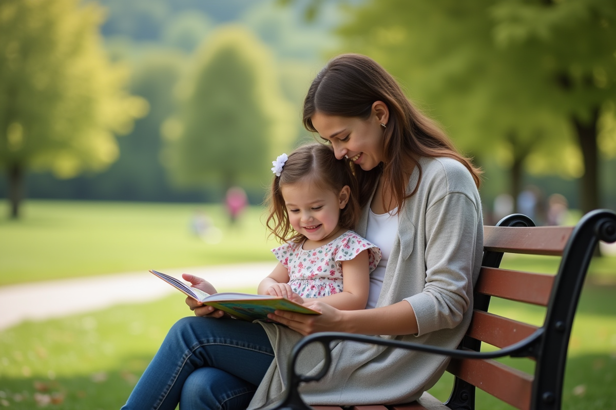 Fille de deux ans lisant un livre avec sa mère dans un parc vert