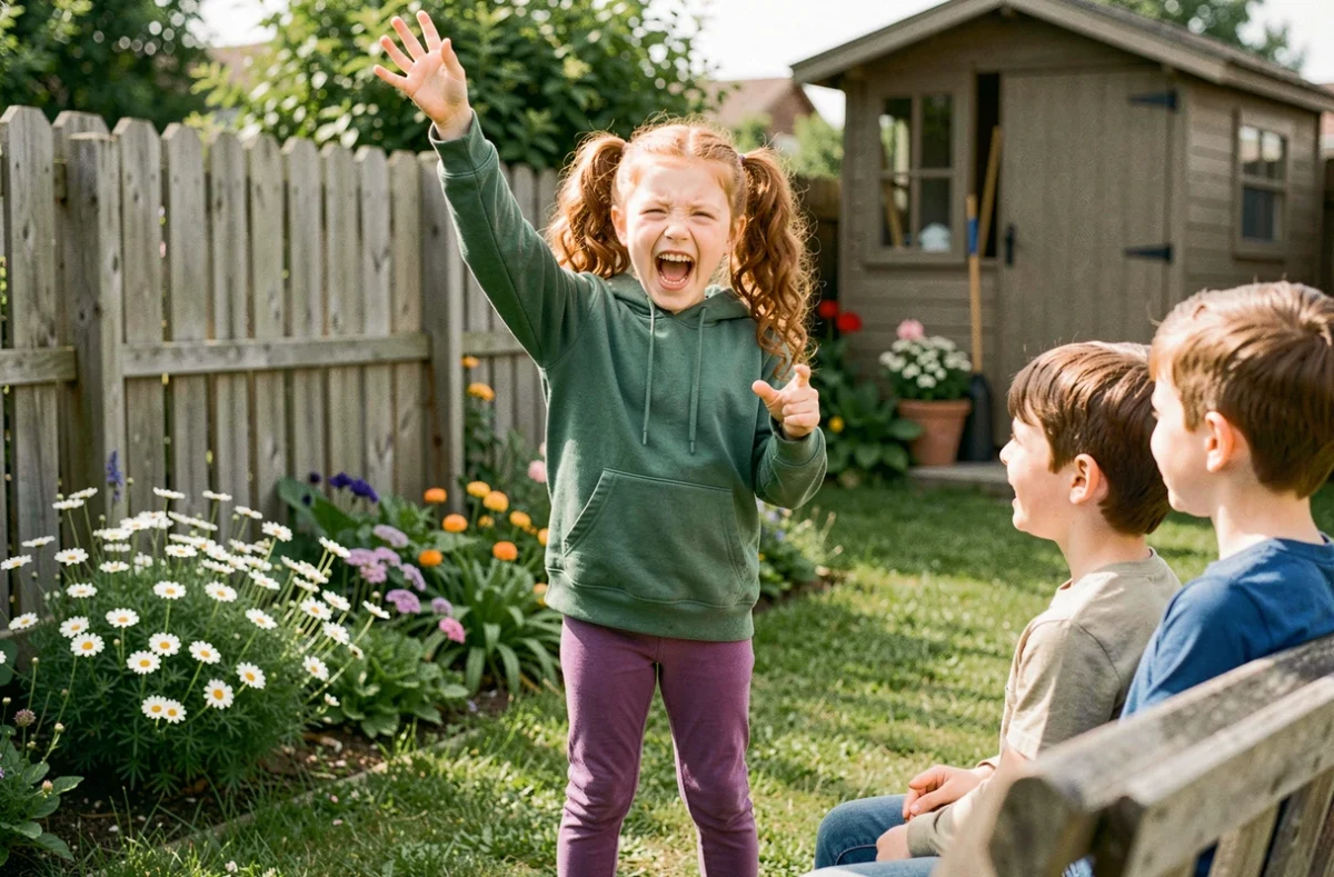 Fillette de 8 ans qui raconte une blague avec des gestes expressifs dans un jardin