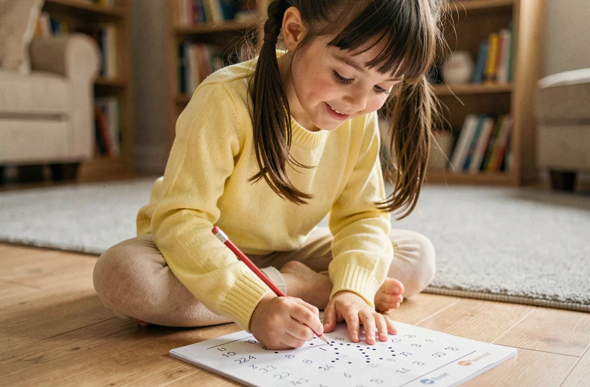 Fillette concentrée qui relie des points numérotés dans un cahier d'activités posé sur le sol d'un salon