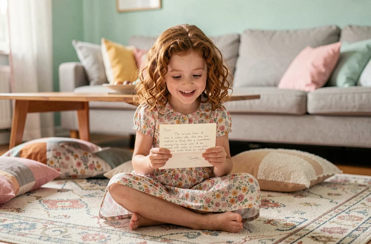 Une fillette lisant avec émerveillement une lettre manuscrite de sa marraine, assise sur un tapis coloré dans un salon familial