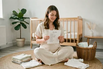 Future maman enceinte organisée assise sur le sol de la chambre de bébé entourée de vêtements et accessoires pour nouveau-né