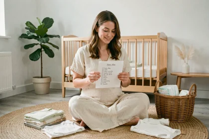 Future maman enceinte organisée assise sur le sol de la chambre de bébé entourée de vêtements et accessoires pour nouveau-né